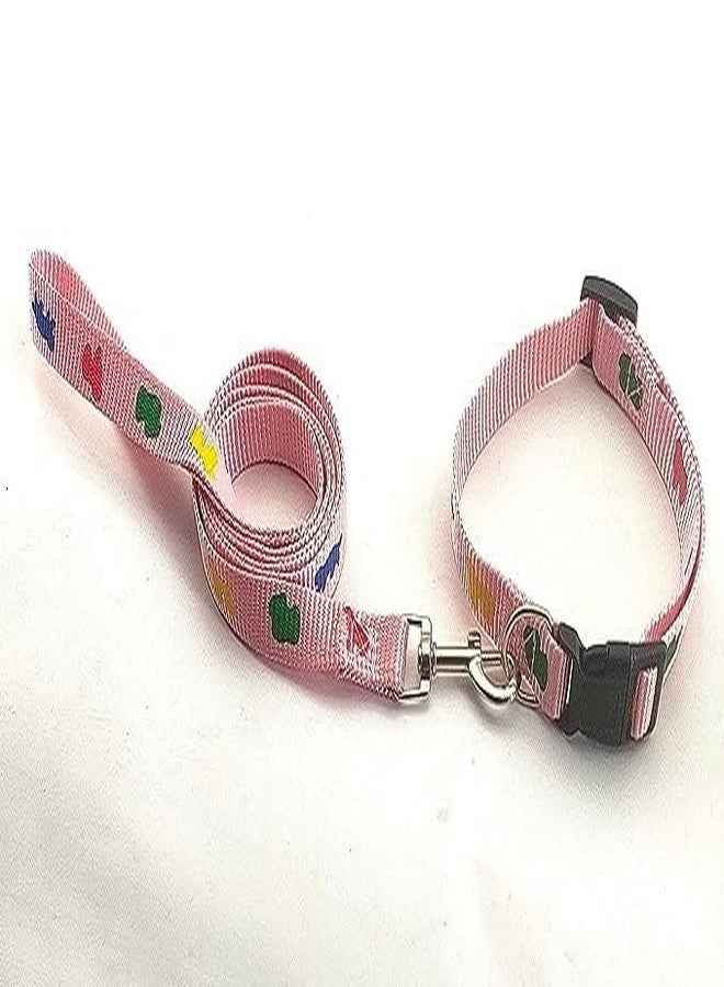Pups&Pets Nylon Collar Leash Set Printed Adjustable & Durable Collar Leash Set 15 mm for All Small Breed Dog & Puppy 15 MM - Pink - Image 2